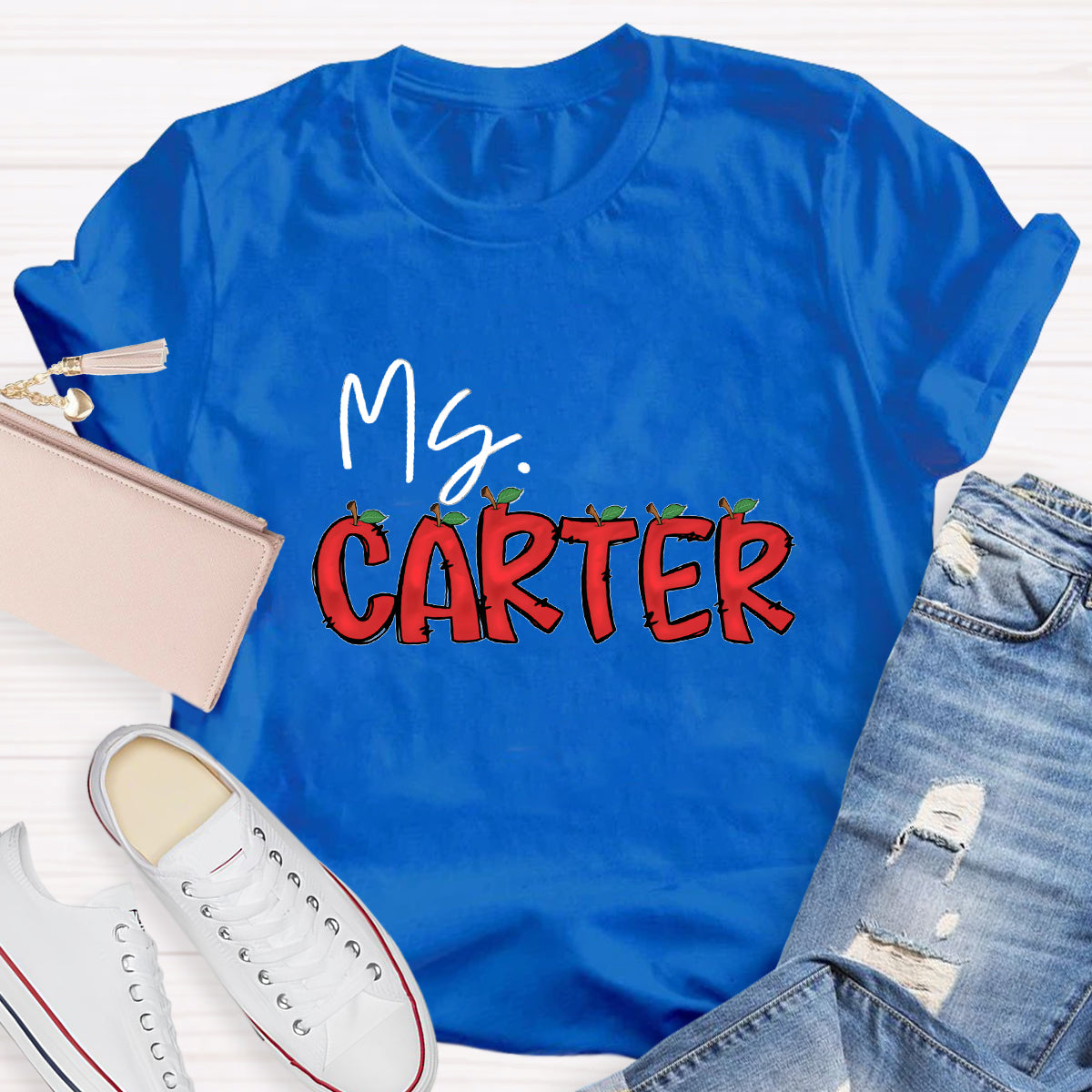 Personalized Teacher's Name Red Apple Letter T-Shirt