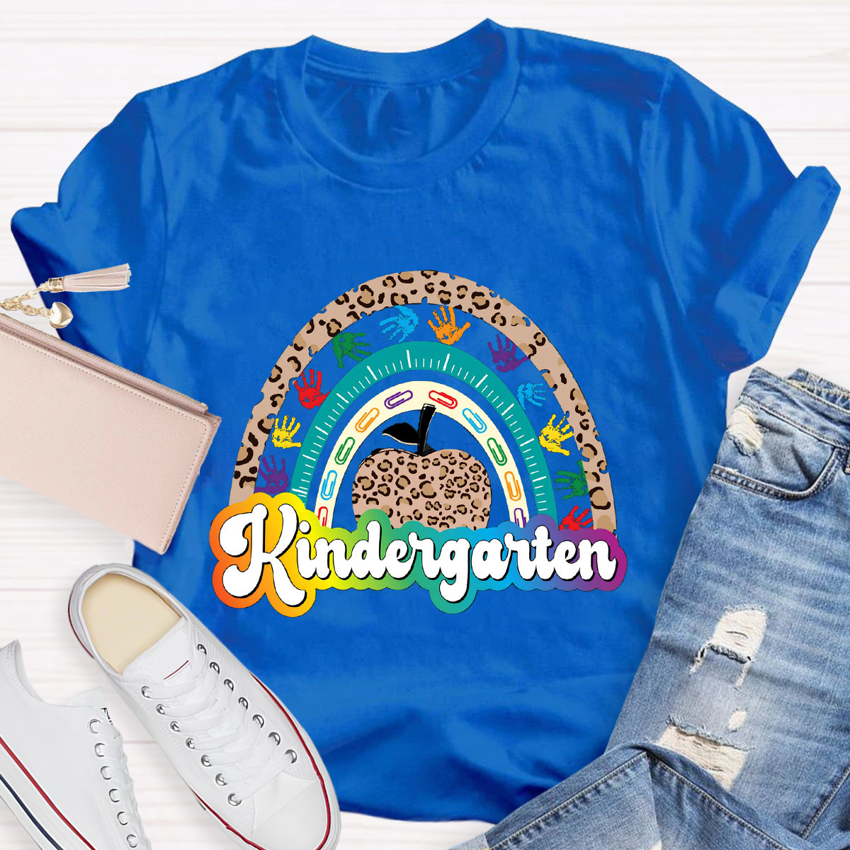 Personalized Grade Leopard Apple Rainbow Teacher T-Shirt