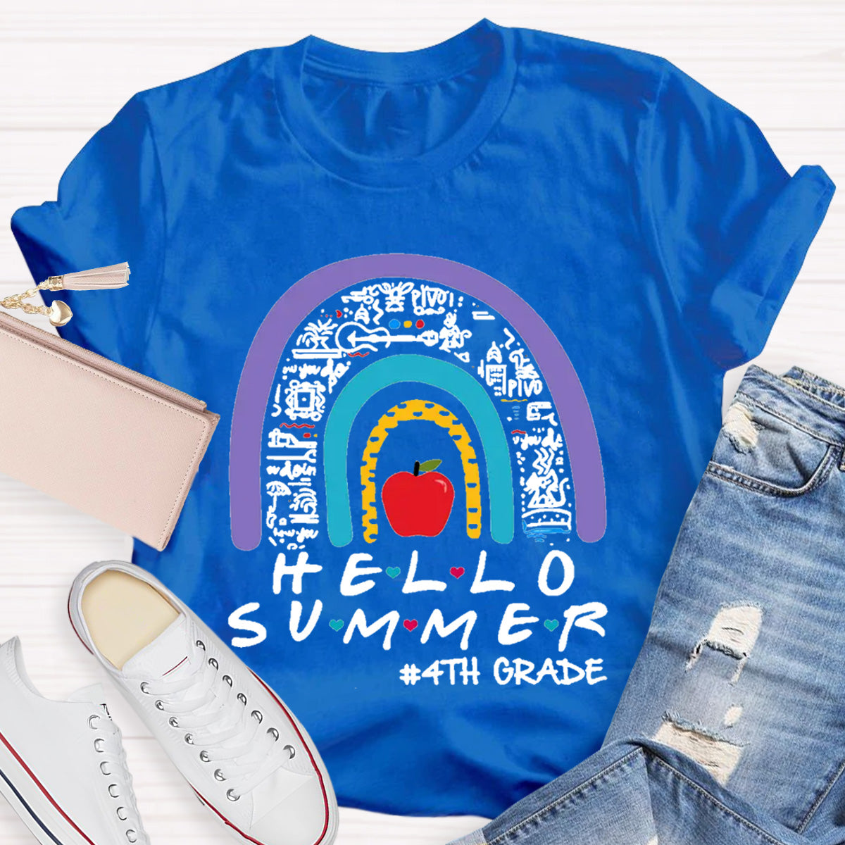 Personalized Grade Hello Summer Apple Rainbow Teacher T-Shirt