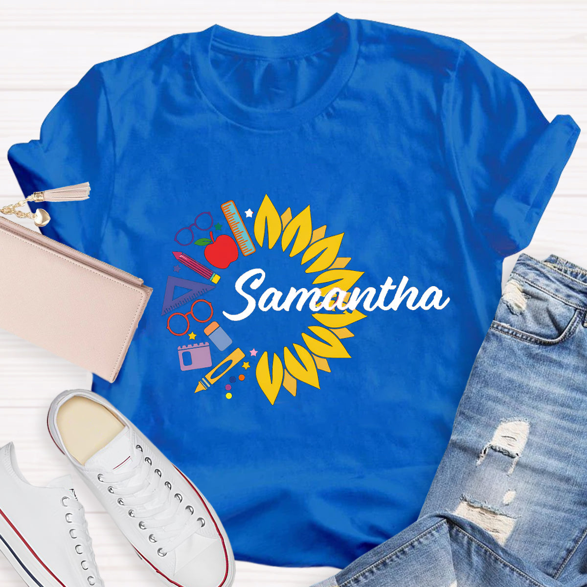 Personalized Name Sunflower Pencil Samantha Teacher T-Shirt