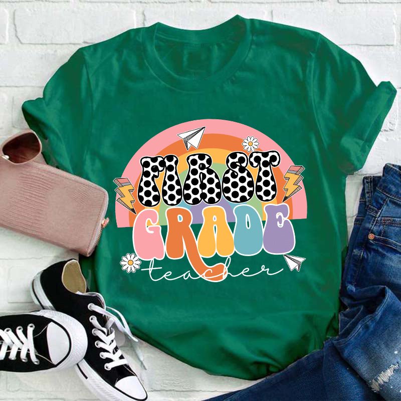 Personalized Grade Rainbow Black Dot Teacher T-Shirt