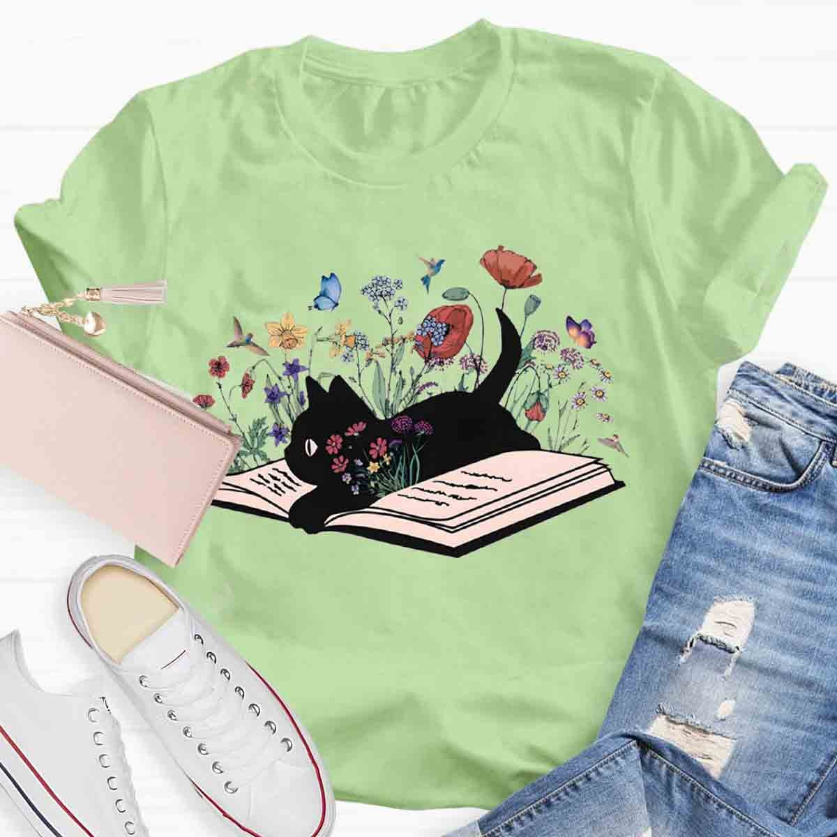Cute Floral Book Cat T-Shirt