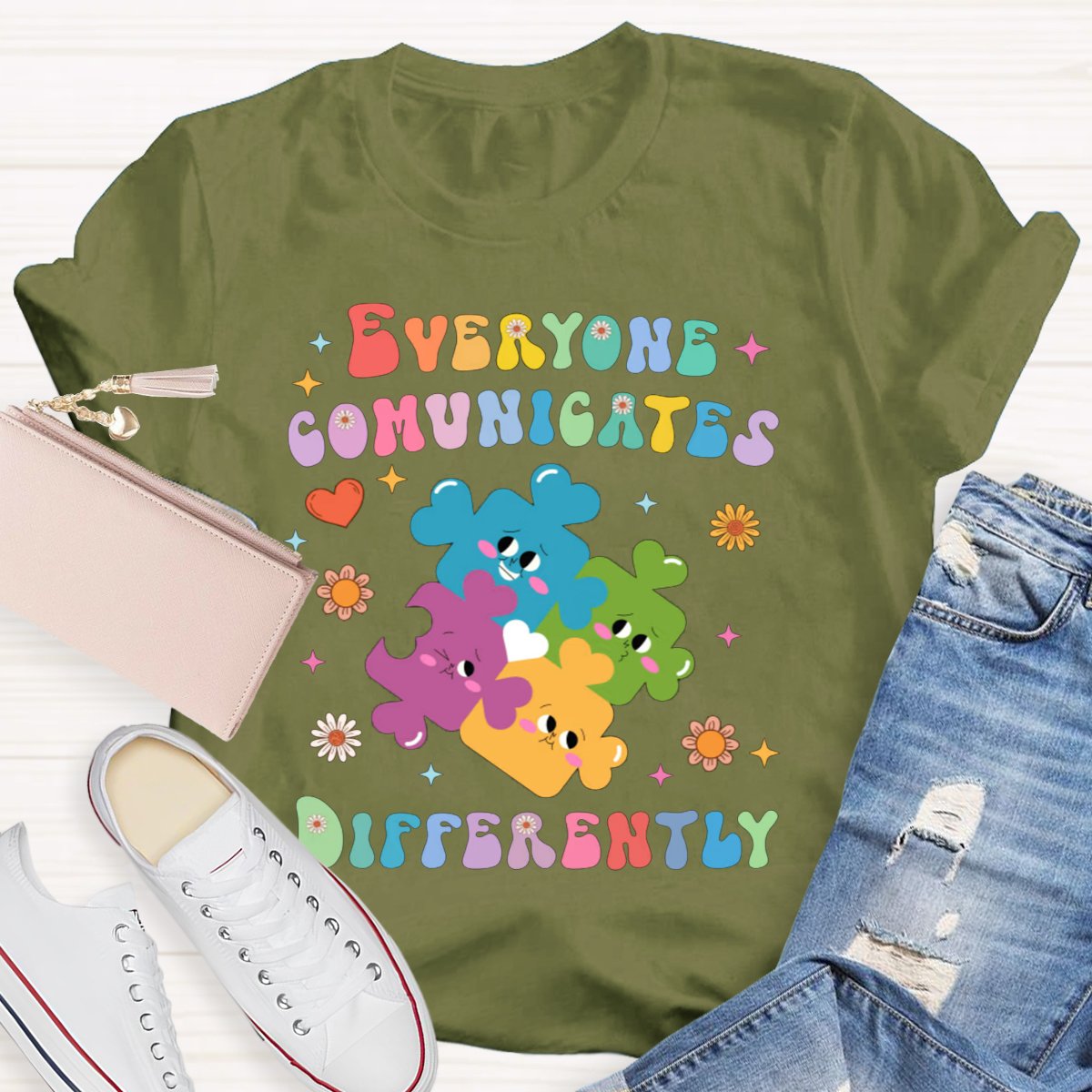 Everyone Communicates Differently Colored Puzzle Teacher T-Shirt