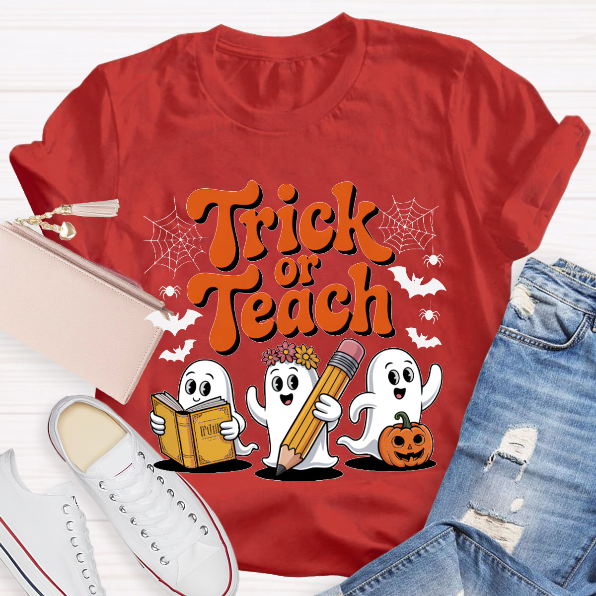 Trick Or Teach Three Cute Ghosts Funny Halloween T-shirt
