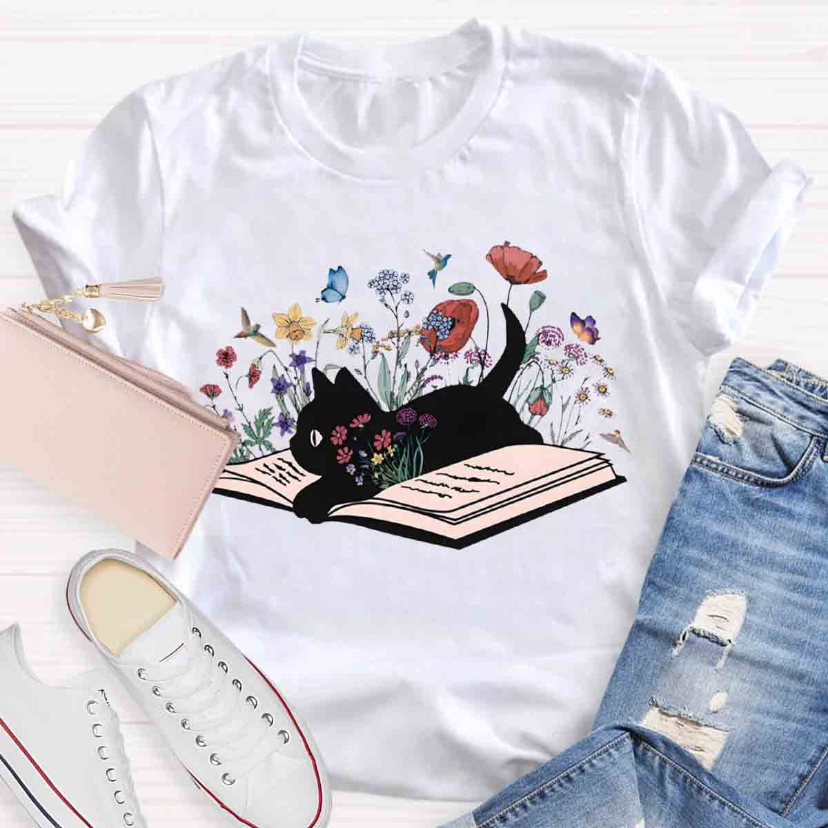 Cute Floral Book Cat T-Shirt