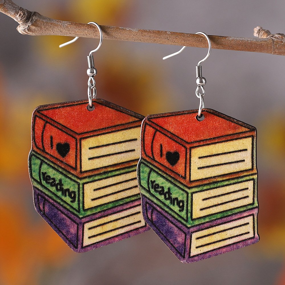 3d Love Textbook Wooden Back-To-School Season Teacher Earrings