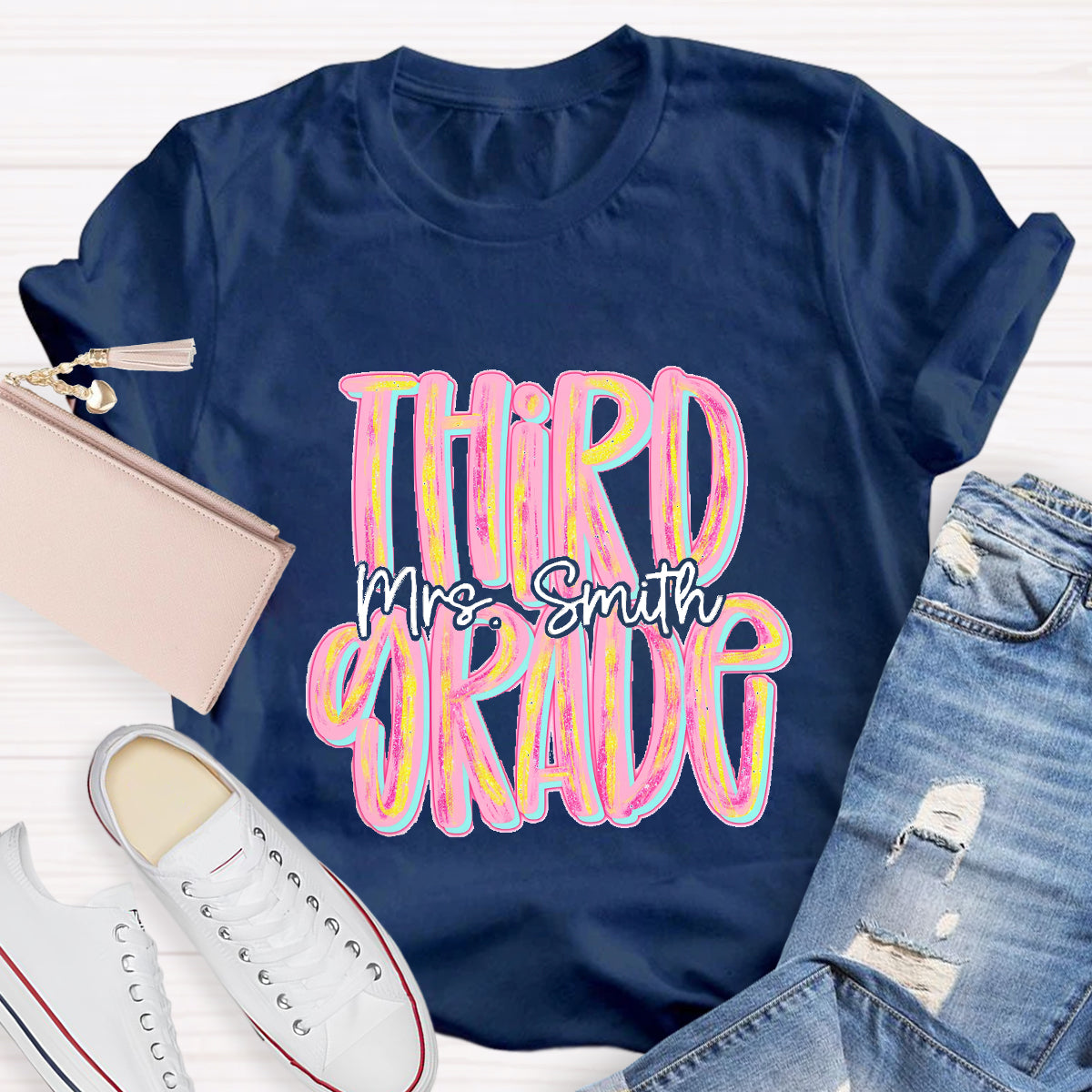 Personalized Grade And Name Pink Second Grade Teacher T-Shirt