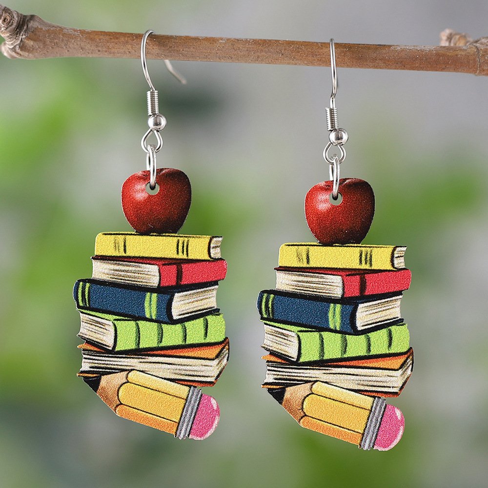 3d Love Textbook Wooden Back-To-School Season Teacher Earrings