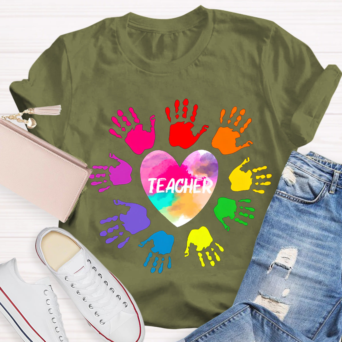 Personalized Colorful Hands Teacher T-Shirt