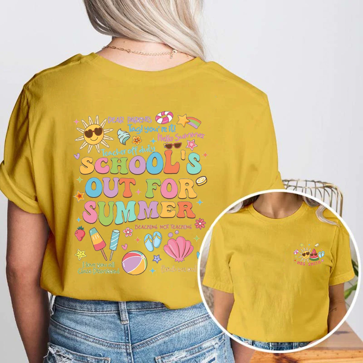 Personalized Name School's Out For Summer Double Printed T-shirt