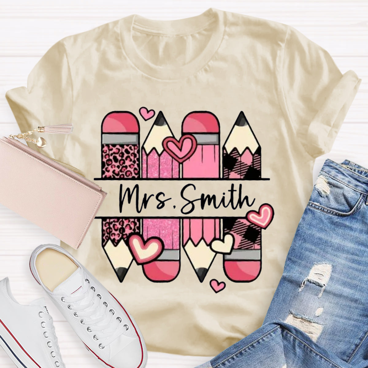 Personalized Name Pink Pencil Heart Mrs Smith T-Shirt