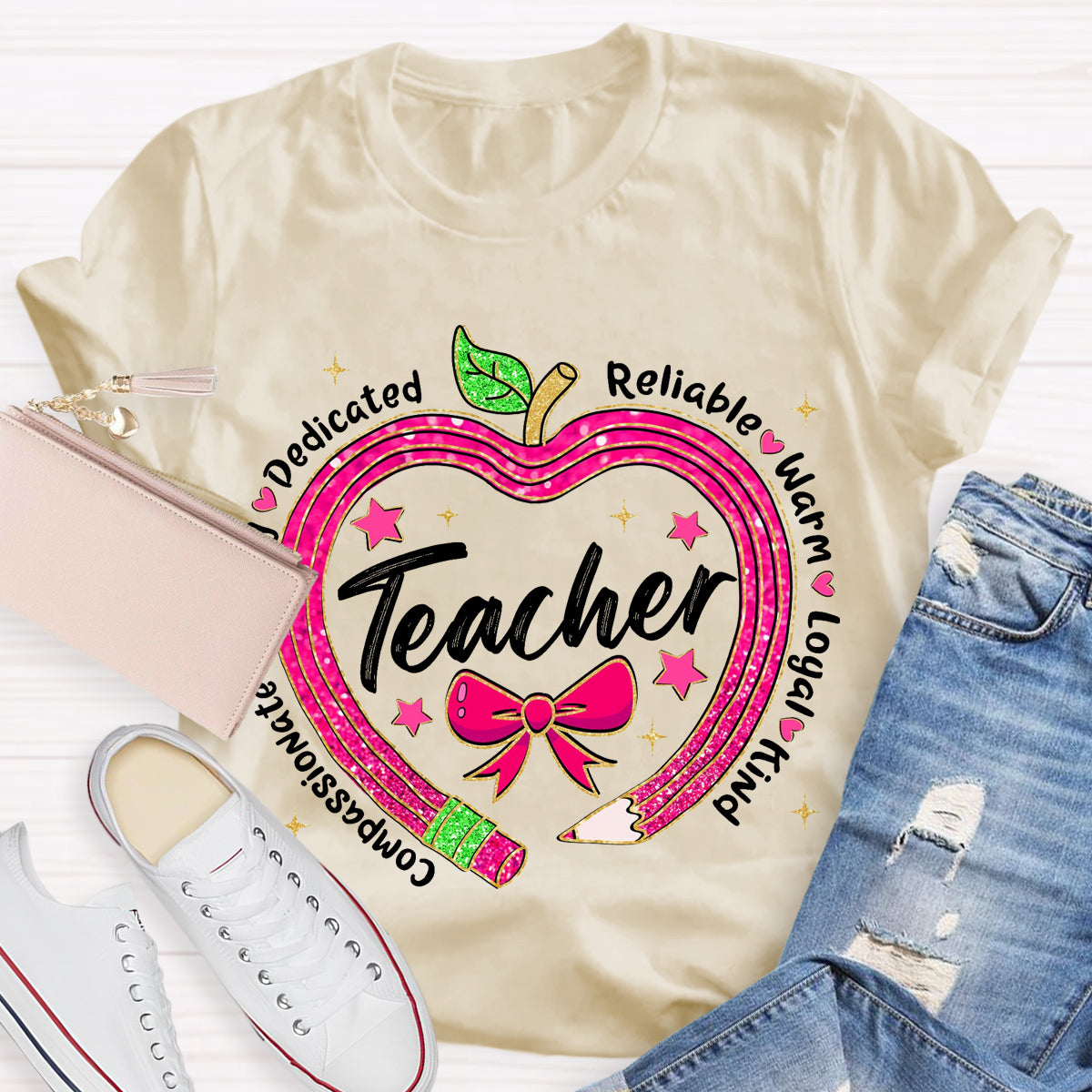 Reliable Warm Glitter Apple Pencil Heart Teacher T-Shirt