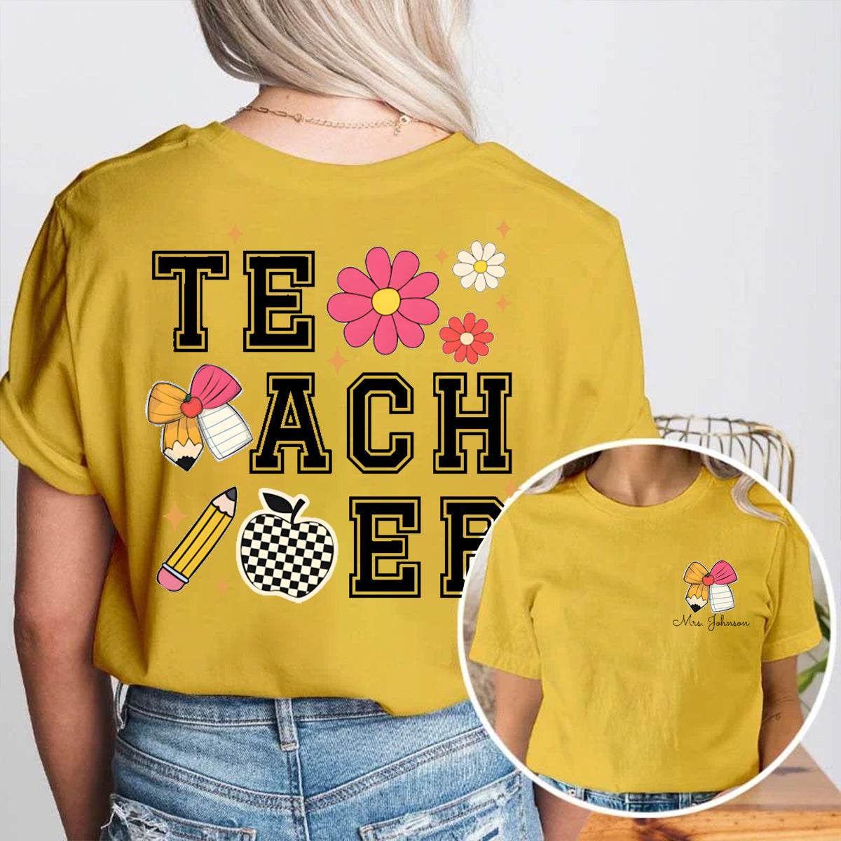 Personalized Name Pink Apple Bow Double Printed T-shirt