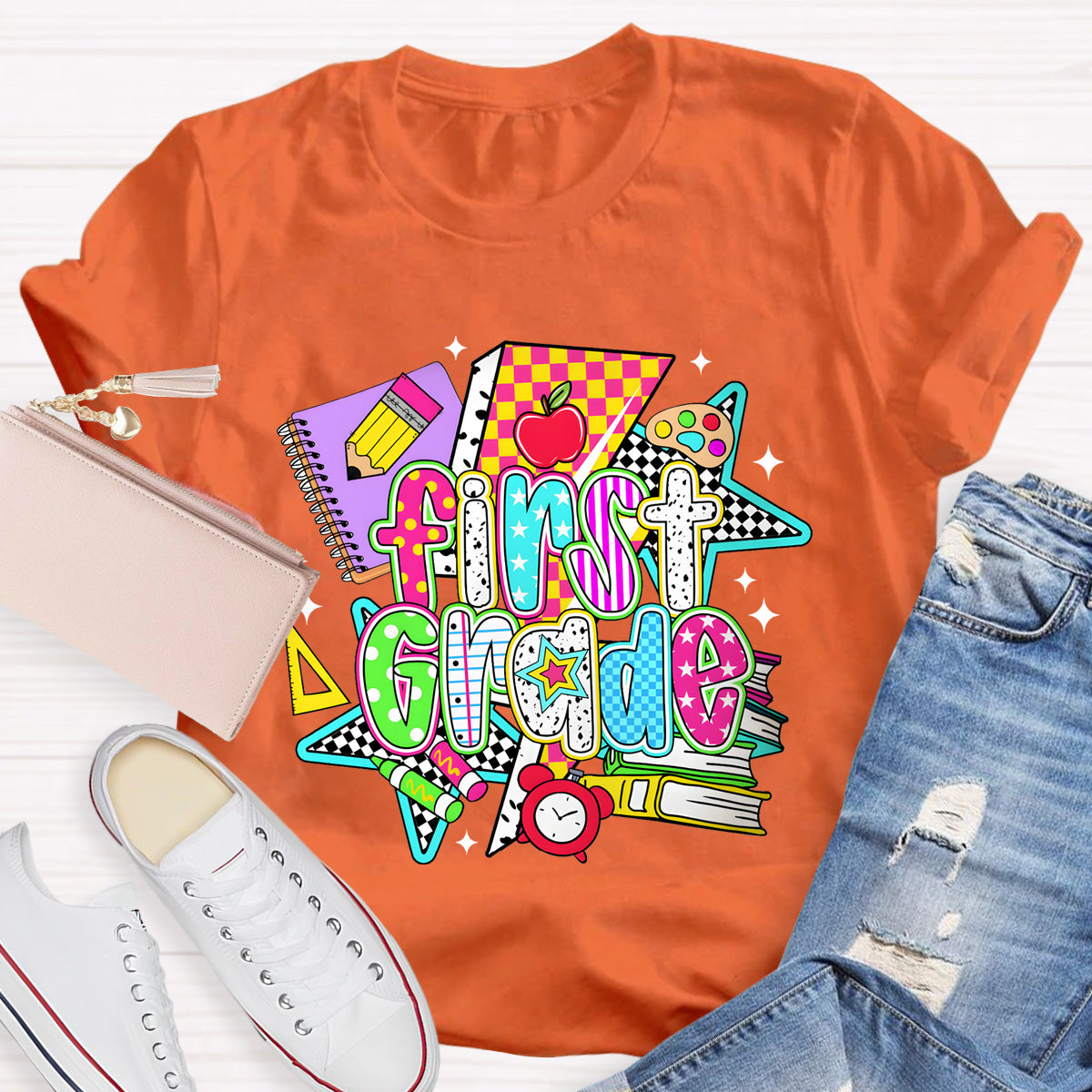 Personalized Grade First Grade Teacher Books Pencil T-Shirt