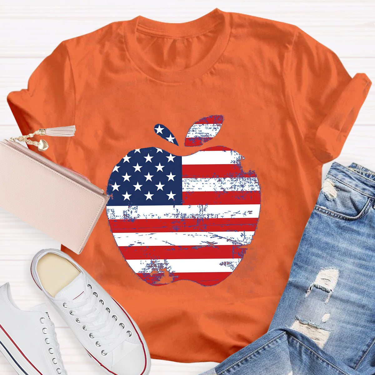 US Flag Apple Teacher T-Shirt