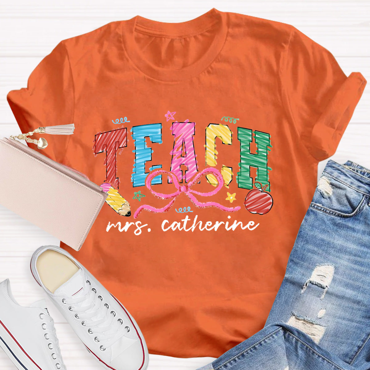 Personalized Name Teach Apple Teacher T-Shirt