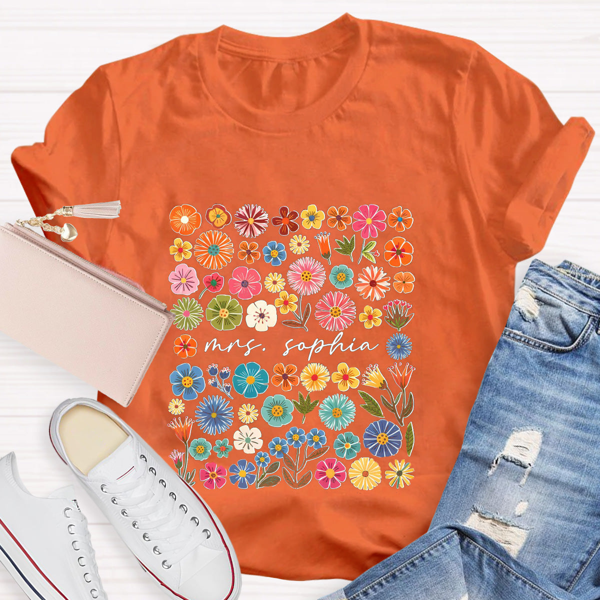 Personalized Name Pink Flowers Teacher T-Shirt