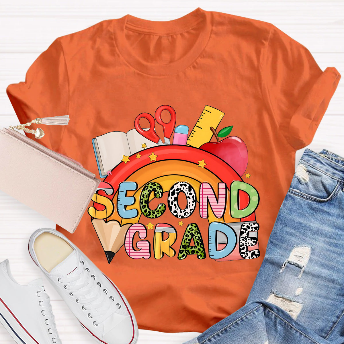 Personalized Grade Pencil Rainbow Second Grade Teacher T-Shirt
