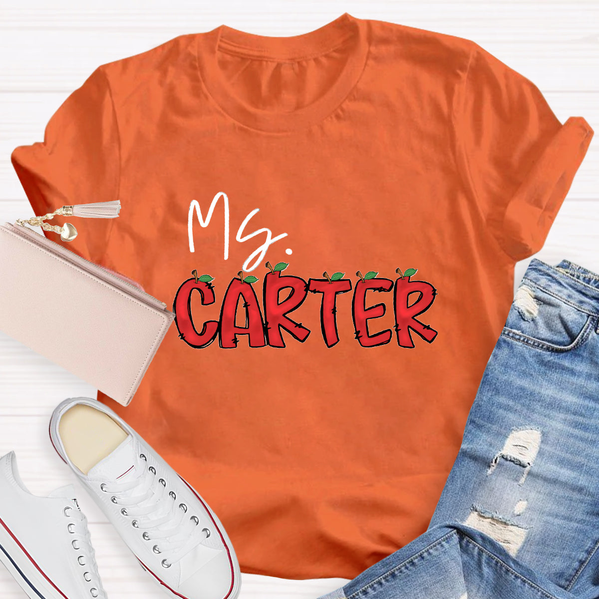 Personalized Teacher's Name Red Apple Letter T-Shirt