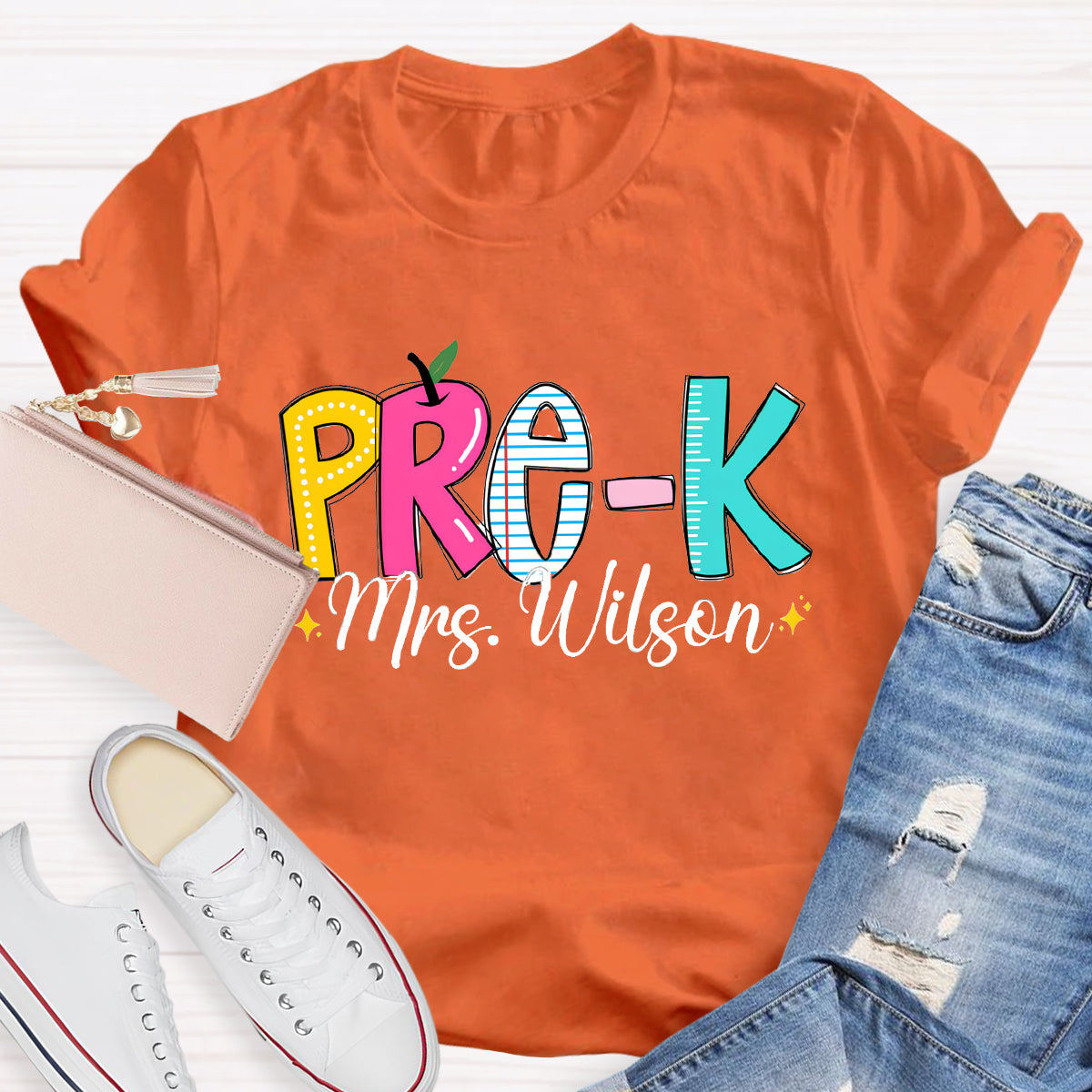 Personalized Grade And Teacher Name Apple Ruler Printed T-Shirt