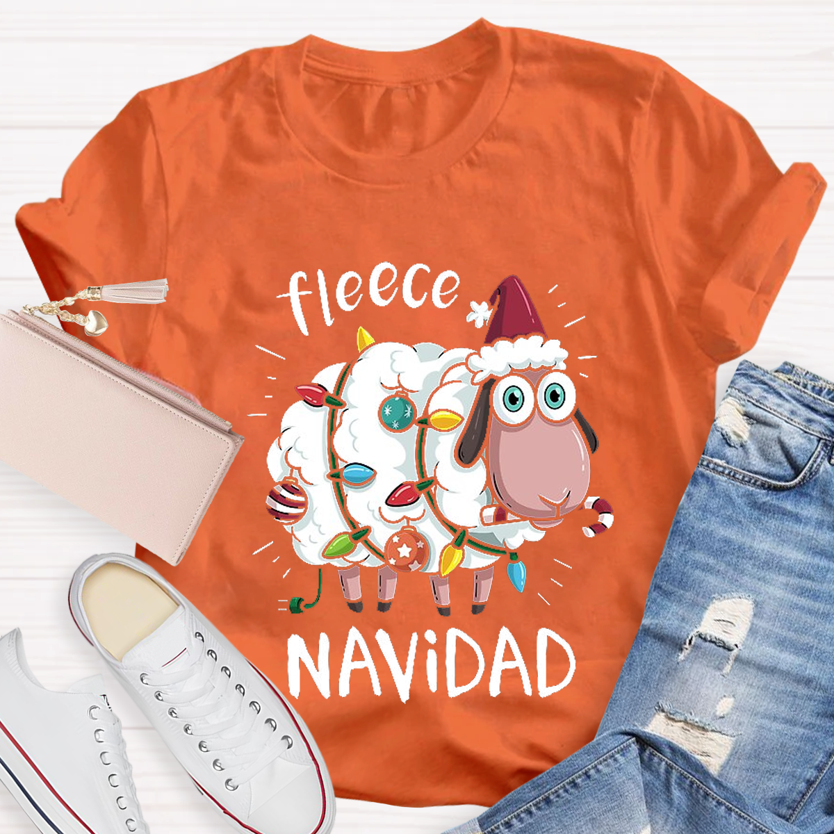 Feliz Navidad Sheep Fleece Funny Christmas Lights Teacher T-Shirt