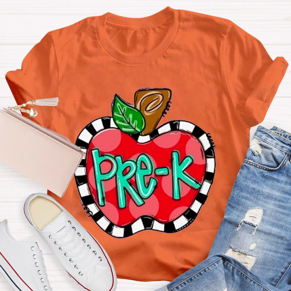 Personalized Grade Teacher Color Block Apple Printed T-Shirt