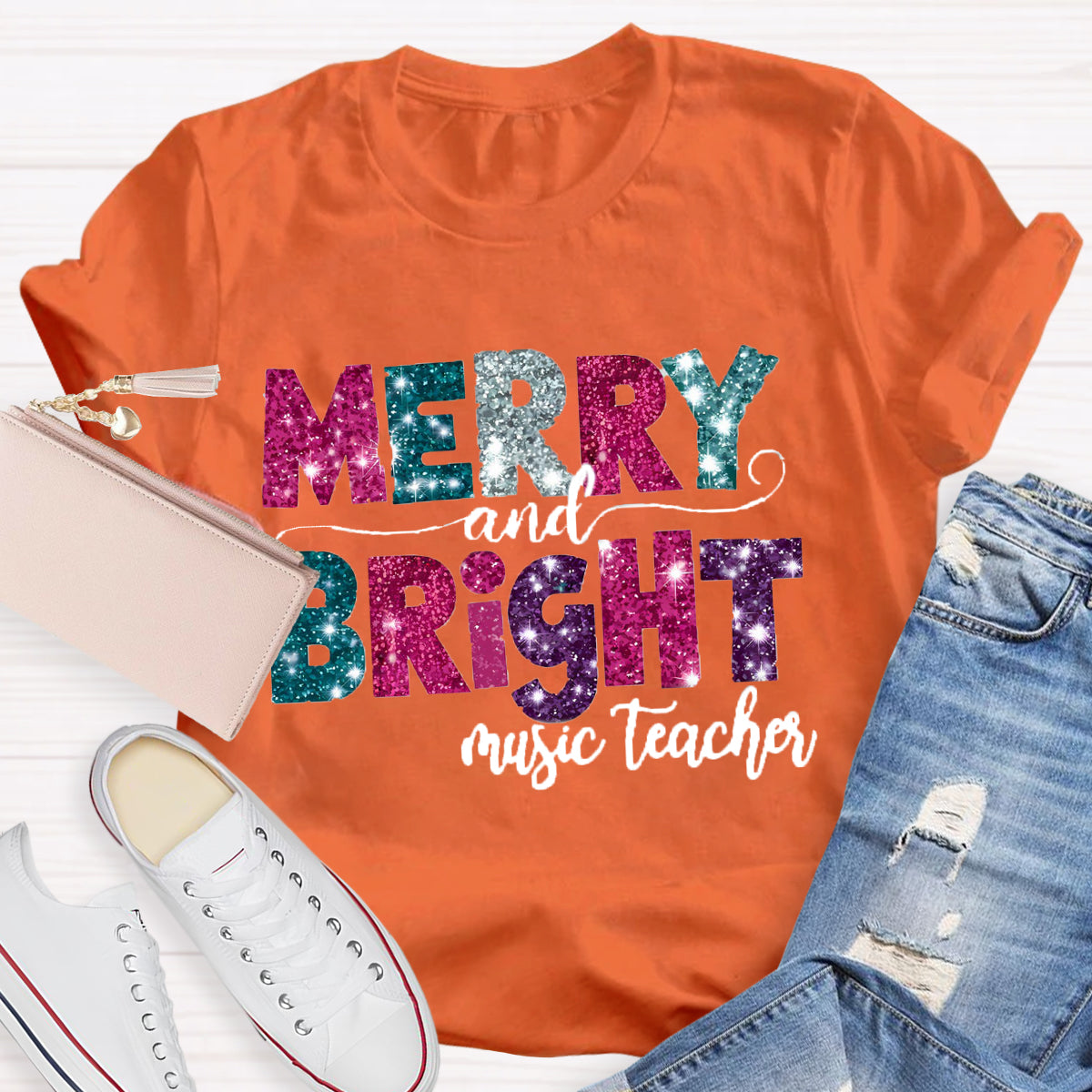 Personalized Subject Merry and Bright Teacher T-Shirt