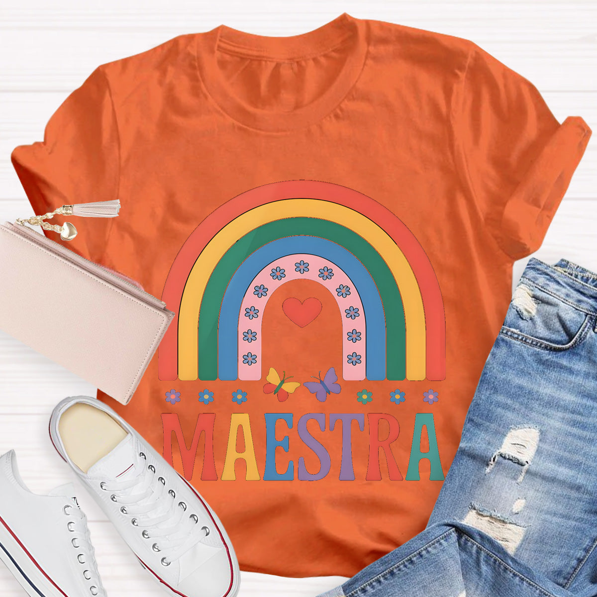 Rainbow Butterfly Maestra Bilingual Teacher T-Shirt