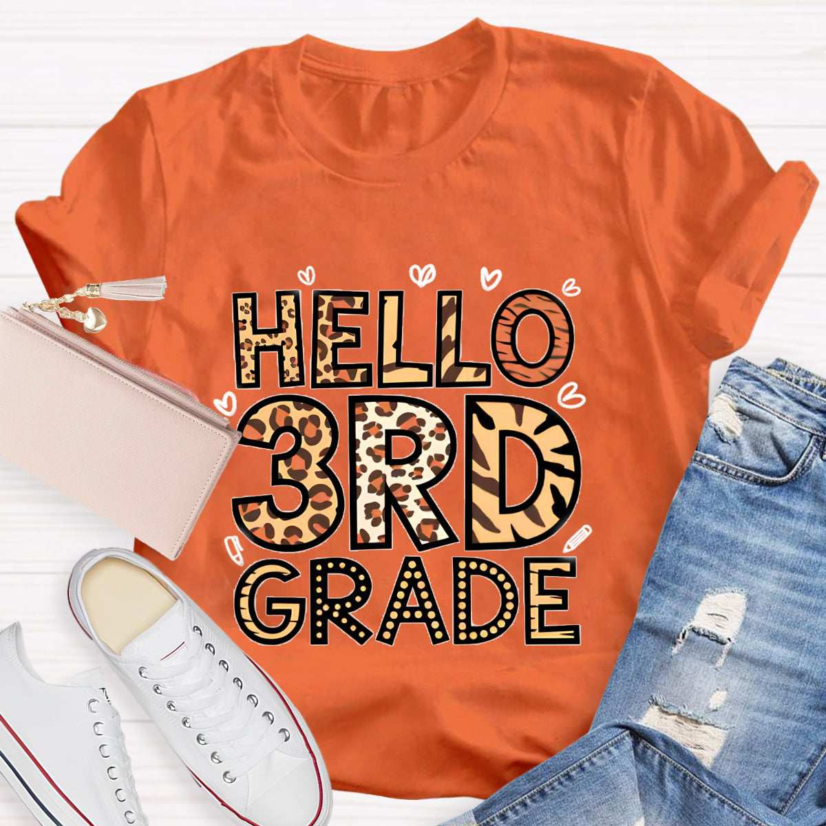 Personalized Grade Hello 3rd Grade Leopard Printed Teacher T-Shirt