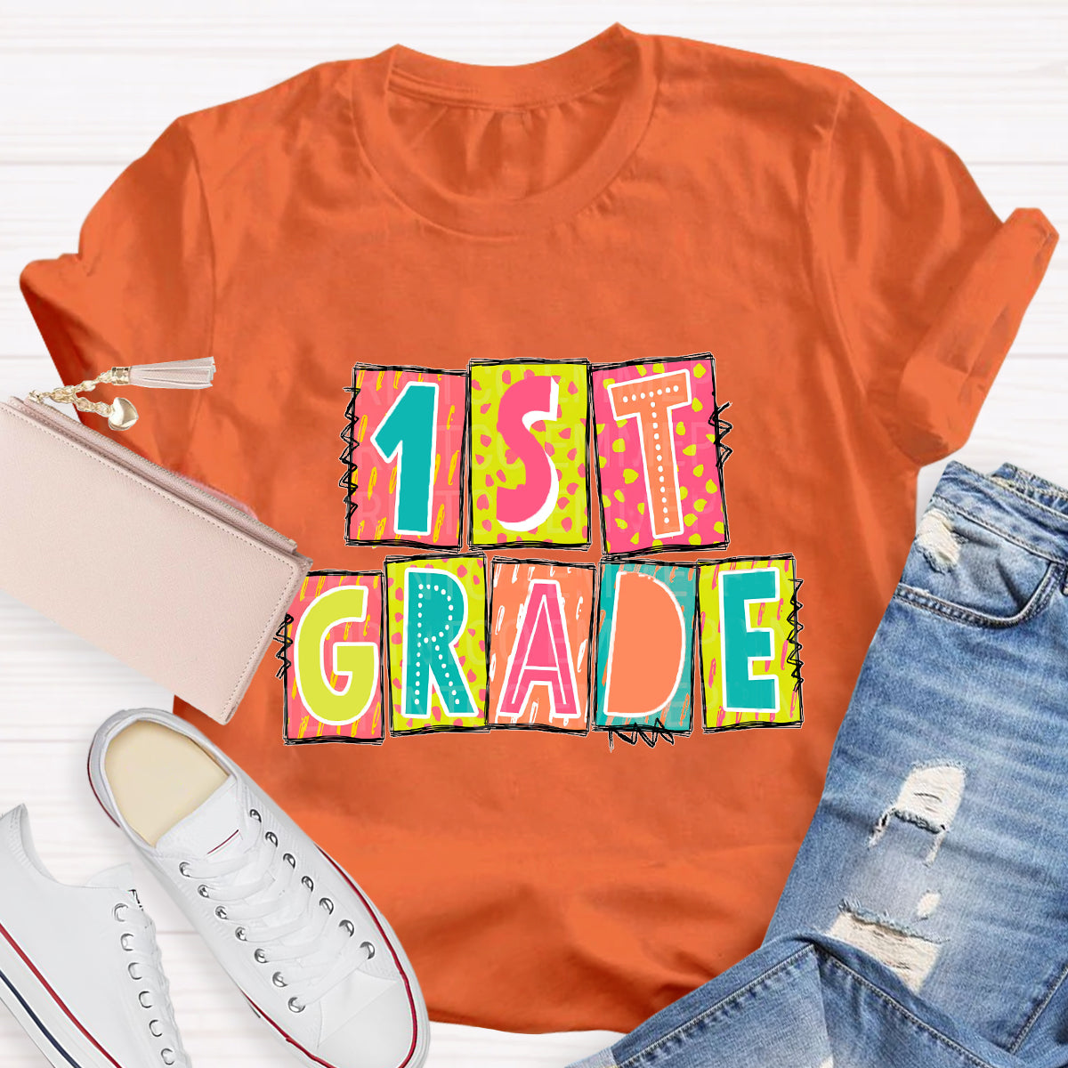 Personalized Grade Personalized Color Block 1st Grade Teacher T-Shirt