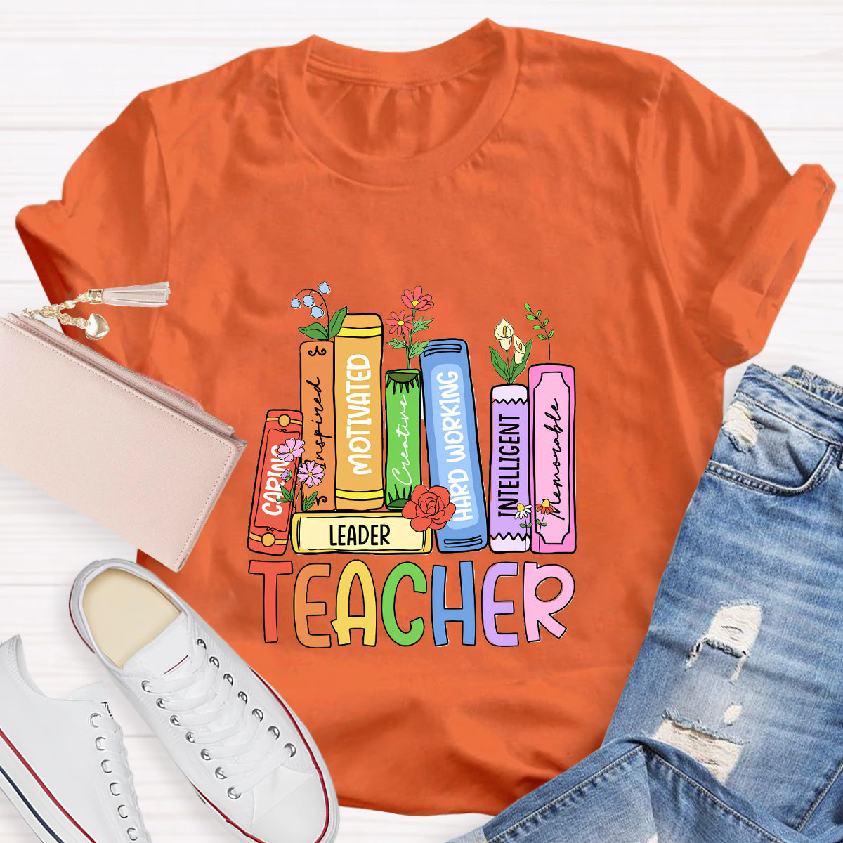 Caring Motivated Floral Books Teacher T-Shirt