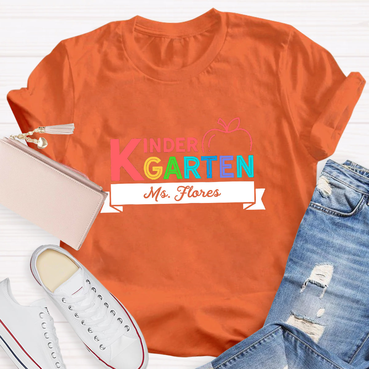 Personalized Kindergarten Teacher's Name Apple Printed T-Shirt