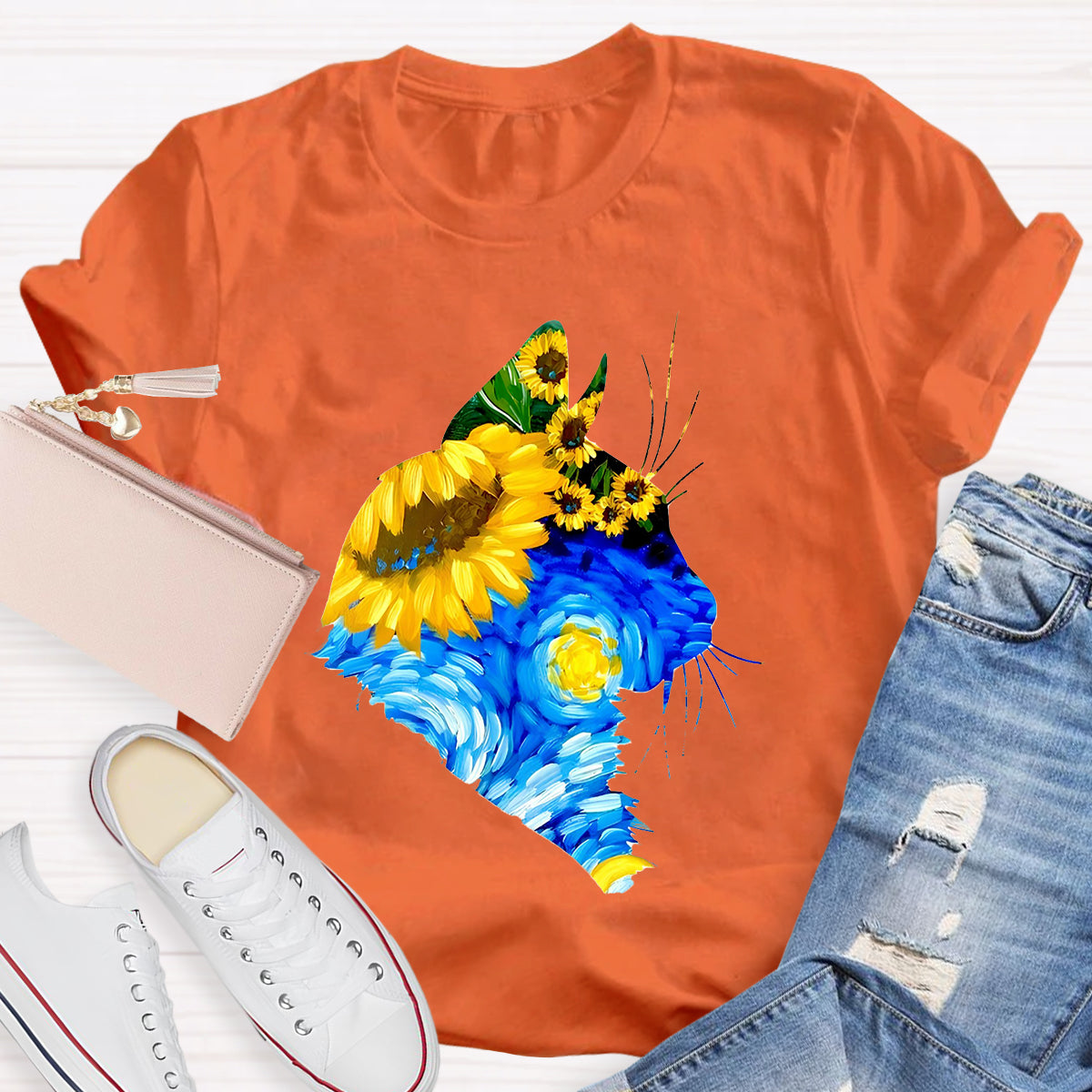 Art Sunflower Cat Teacher T-Shirt