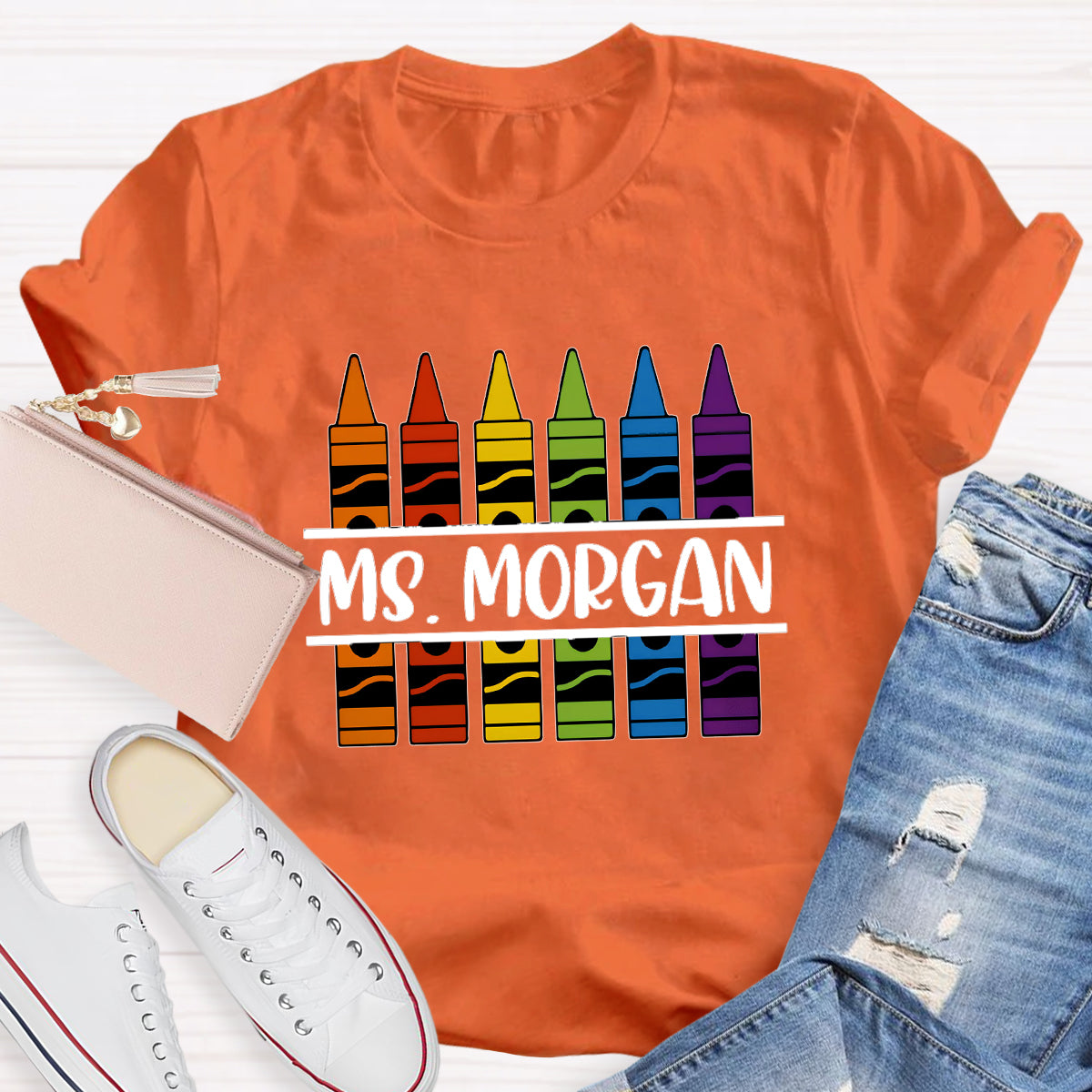 Personalized Name Crayon Printed Teacher T-shirt
