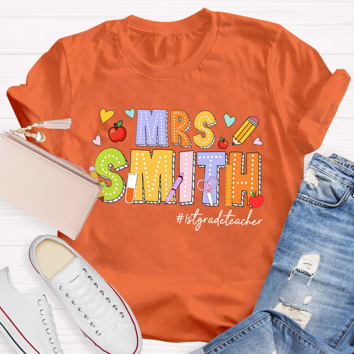 Personalized Name And Grade Heart Teacher T-Shirt