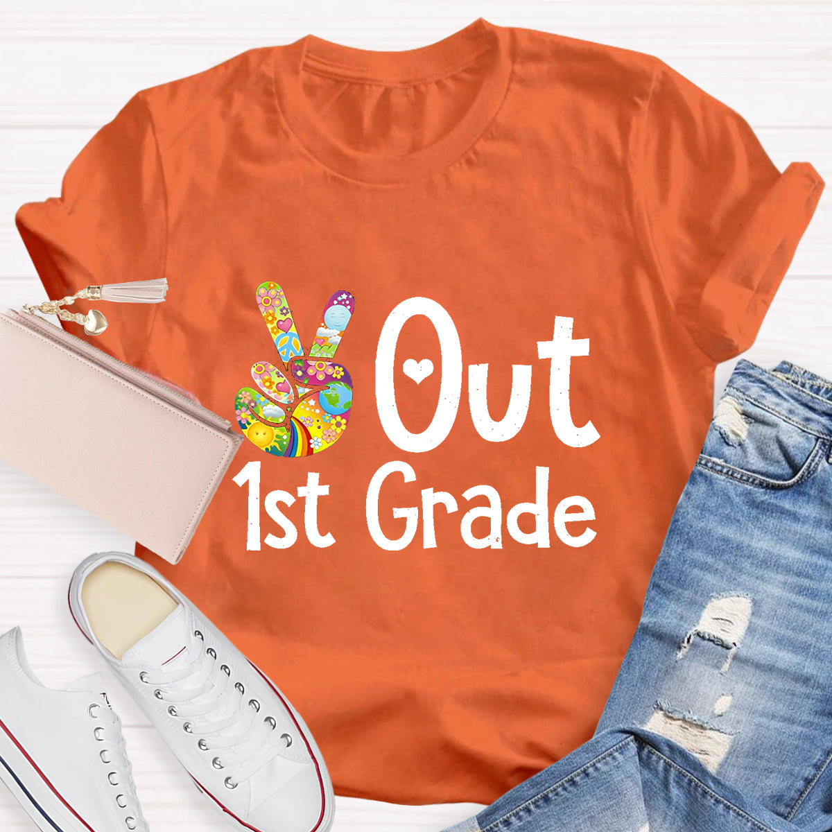 Personalized Grade Out 1st Grade Hand Signal Teacher T-Shirt