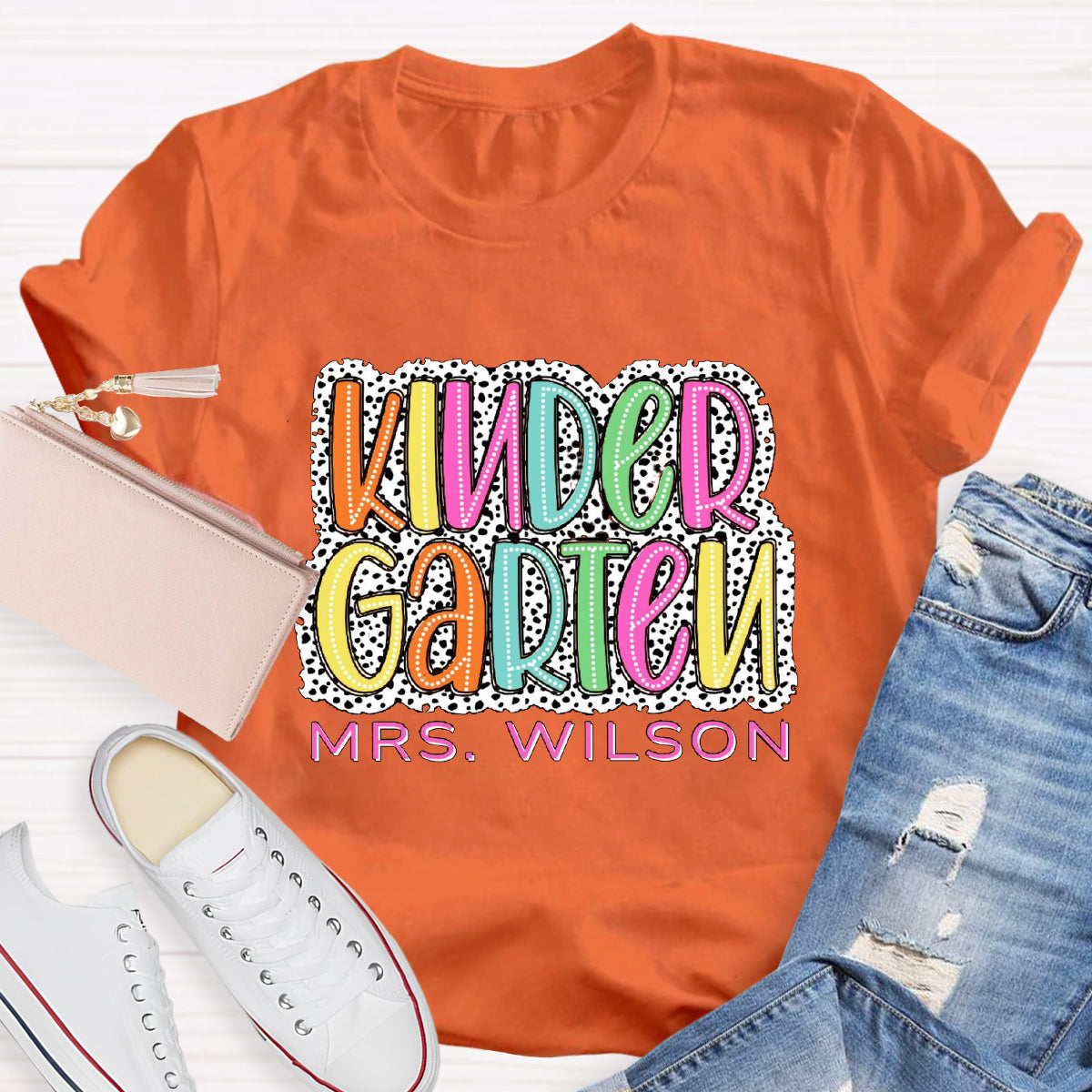 Personalized Name And Grade Neon Lights And Polka Dots Teacher T-Shirt