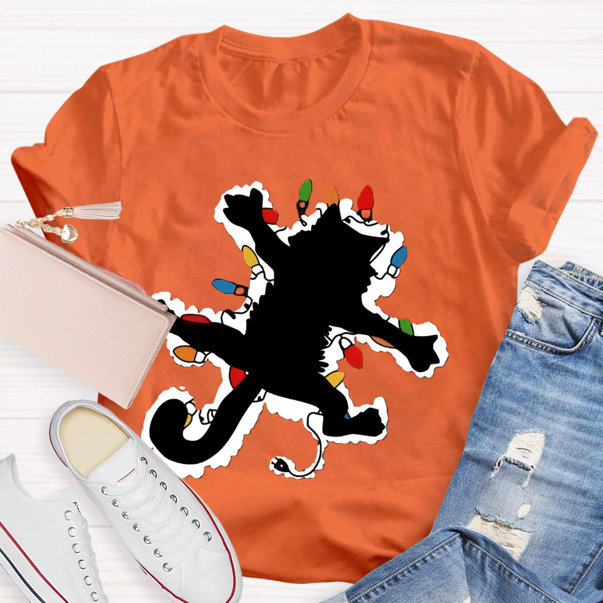 Pussy Cat And Lights Christmas T-Shirt