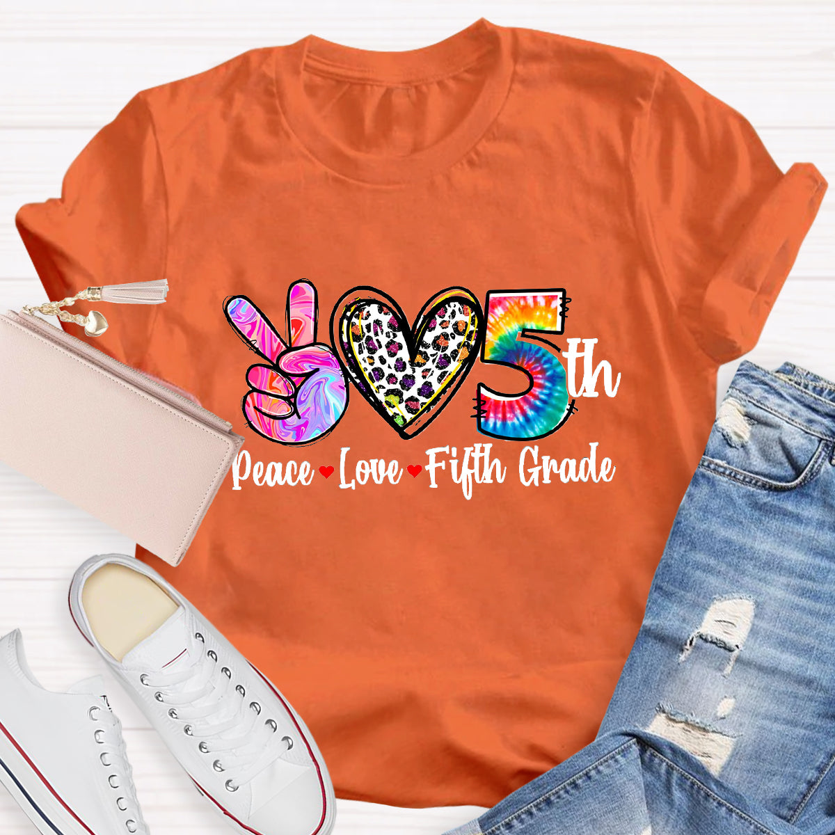 Personalized Grade Peace Love 5th Grade Teacher T-Shirt