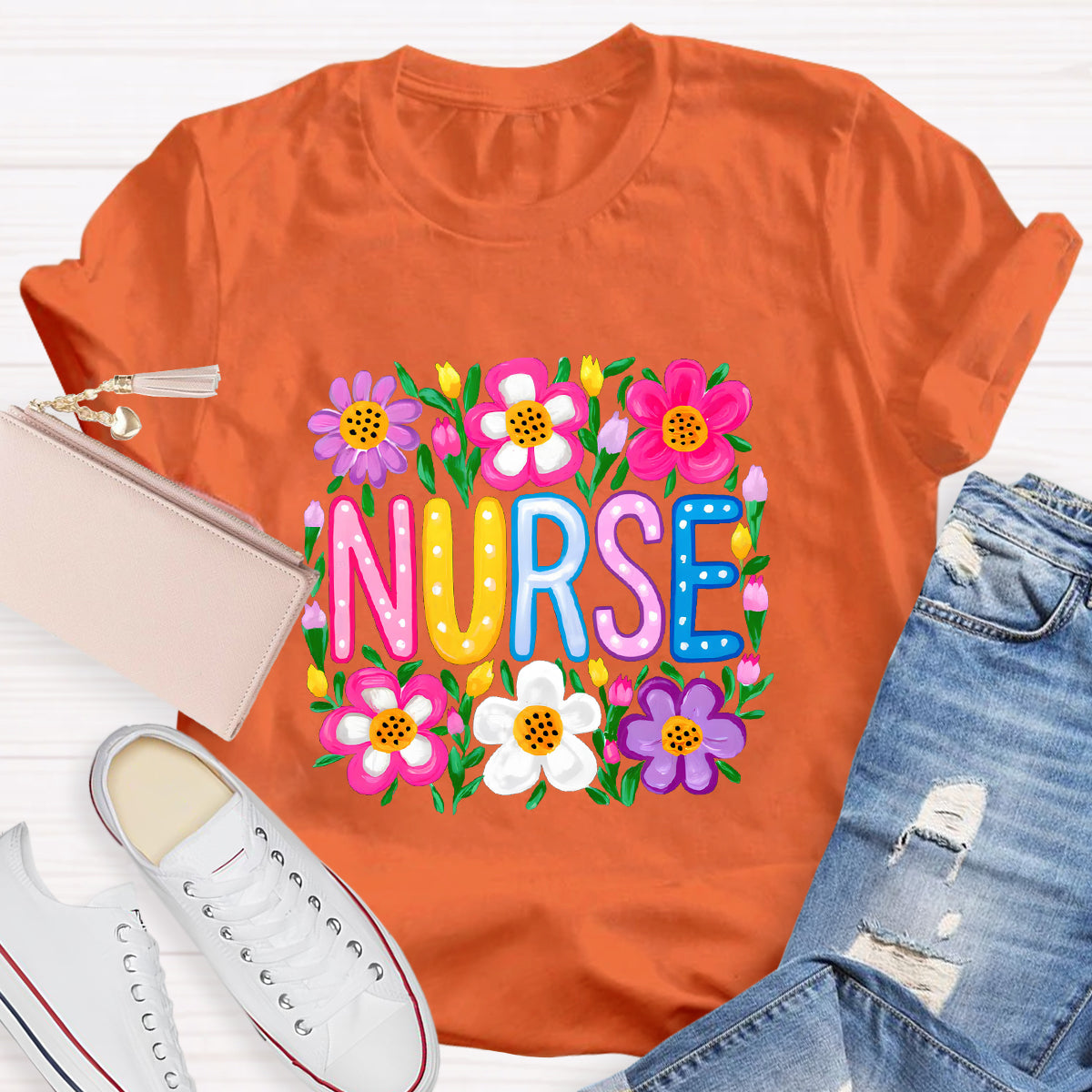 Floral School Nurse T-Shirt