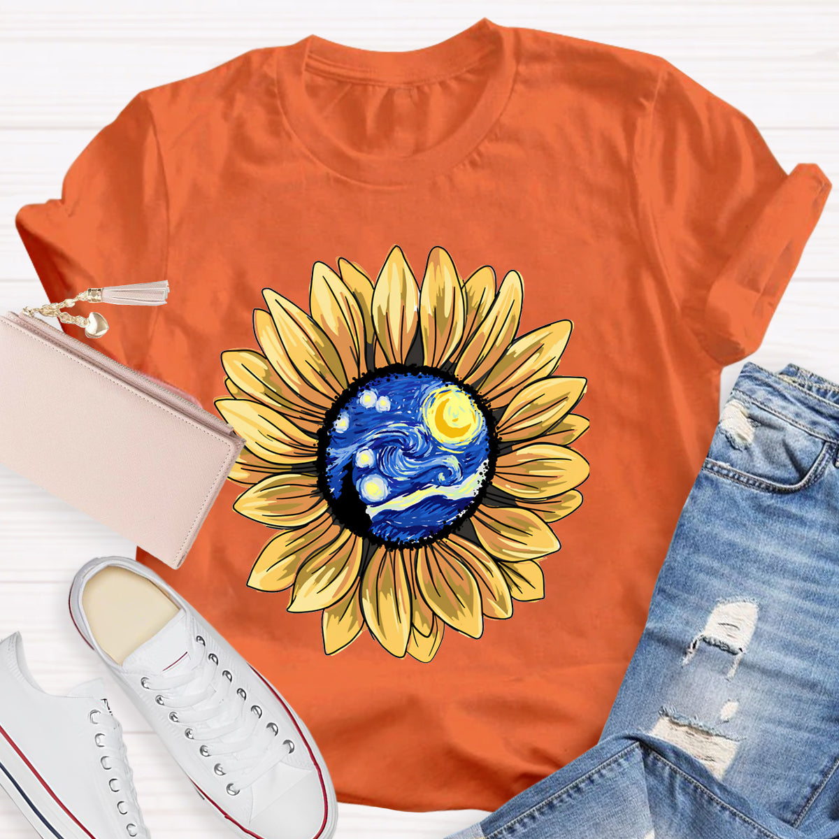 Starry Sky Art Sunflower Teacher T-Shirt