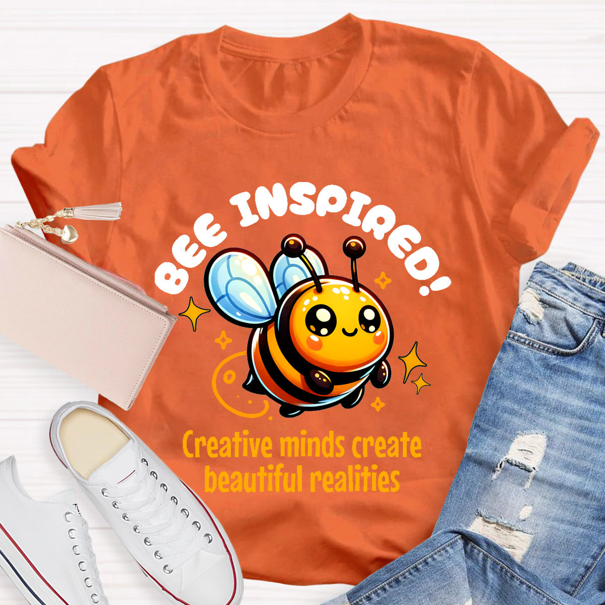 Bee Inspired Creative Minds Create Beautiful Realities Teacher T-Shirt