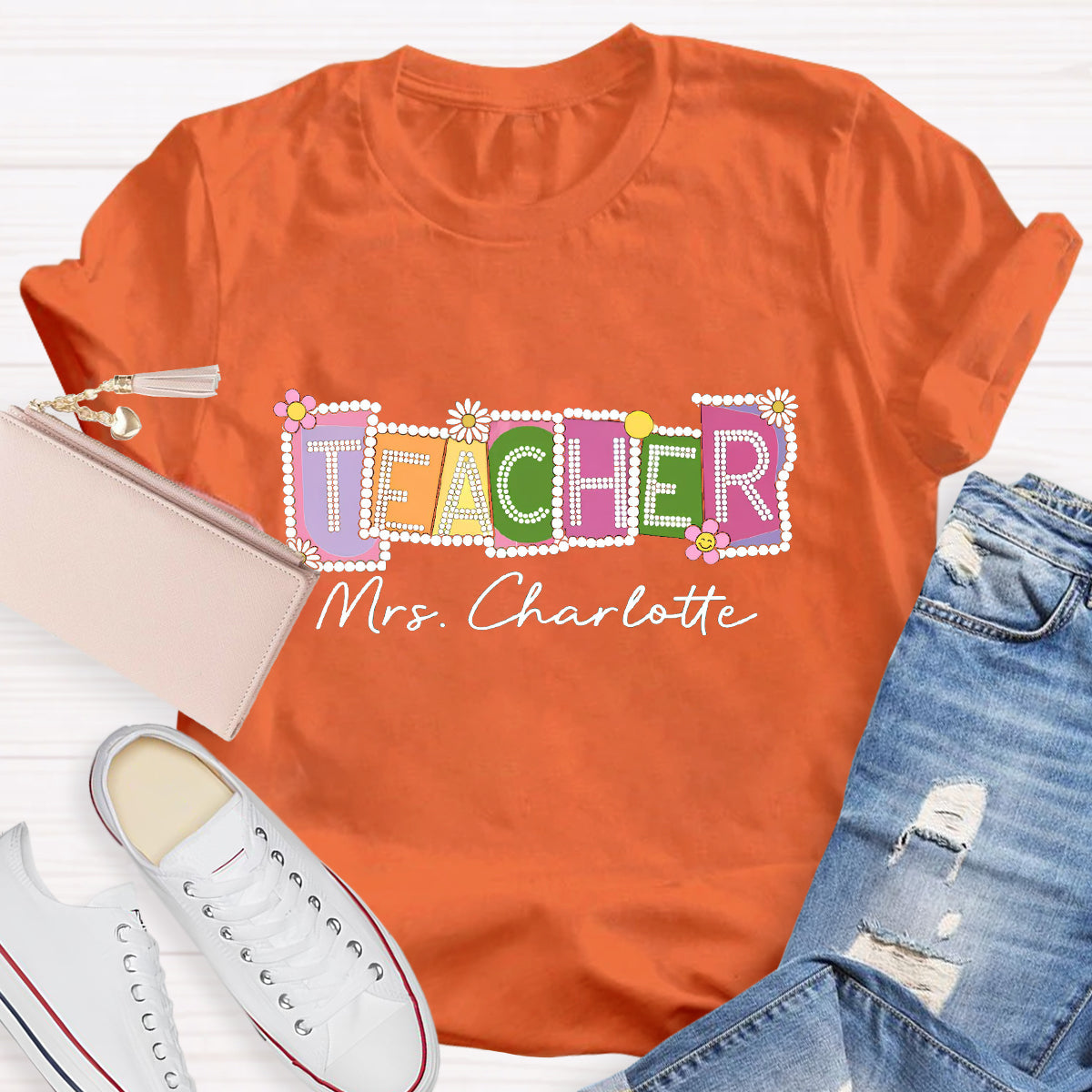 Personalized Teacher Name Contrasting Flowers T-Shirt