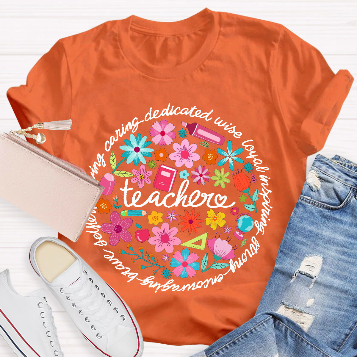 Loving Caring Dedicated Floral Teacher T-Shirt