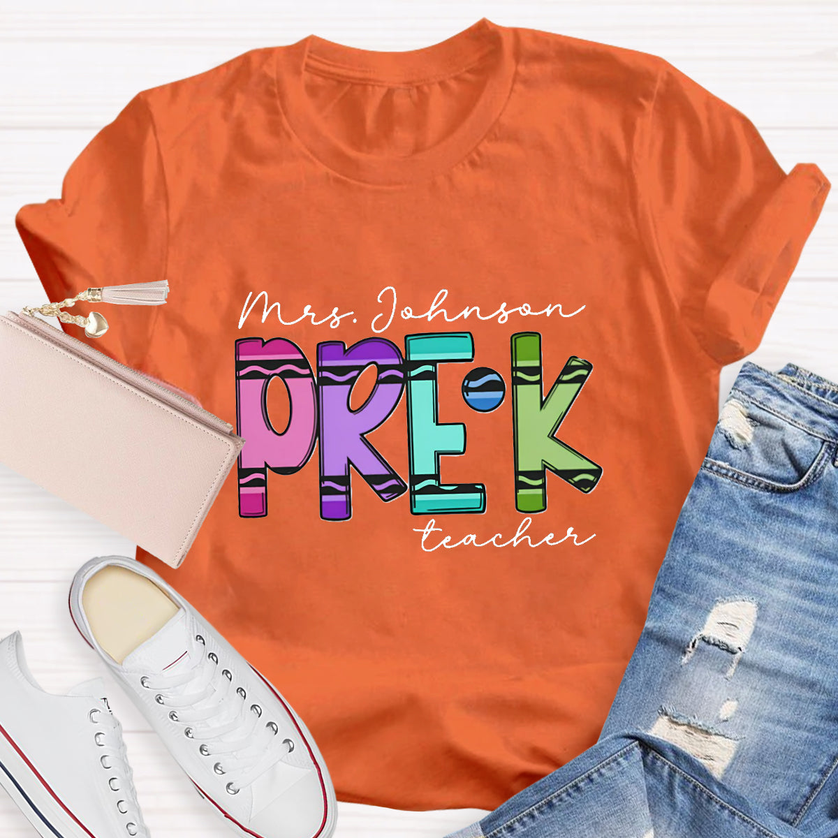 Personalized Grade And Name Crayon Teacher T-Shirt