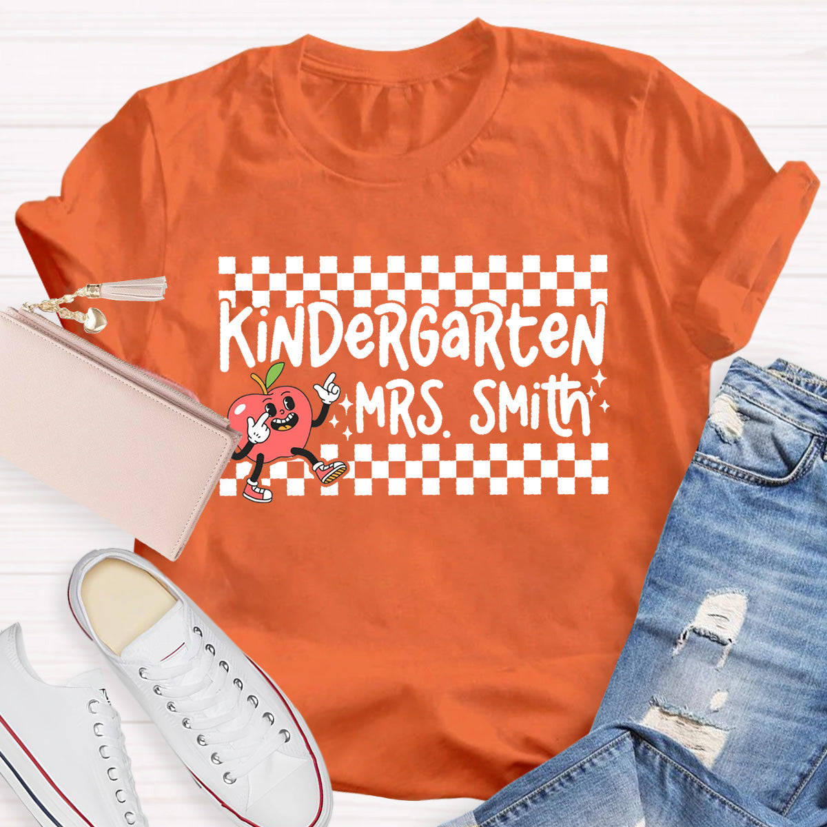 Personalized Grade And Name Chessboard pattern Apple Teacher T-Shirt