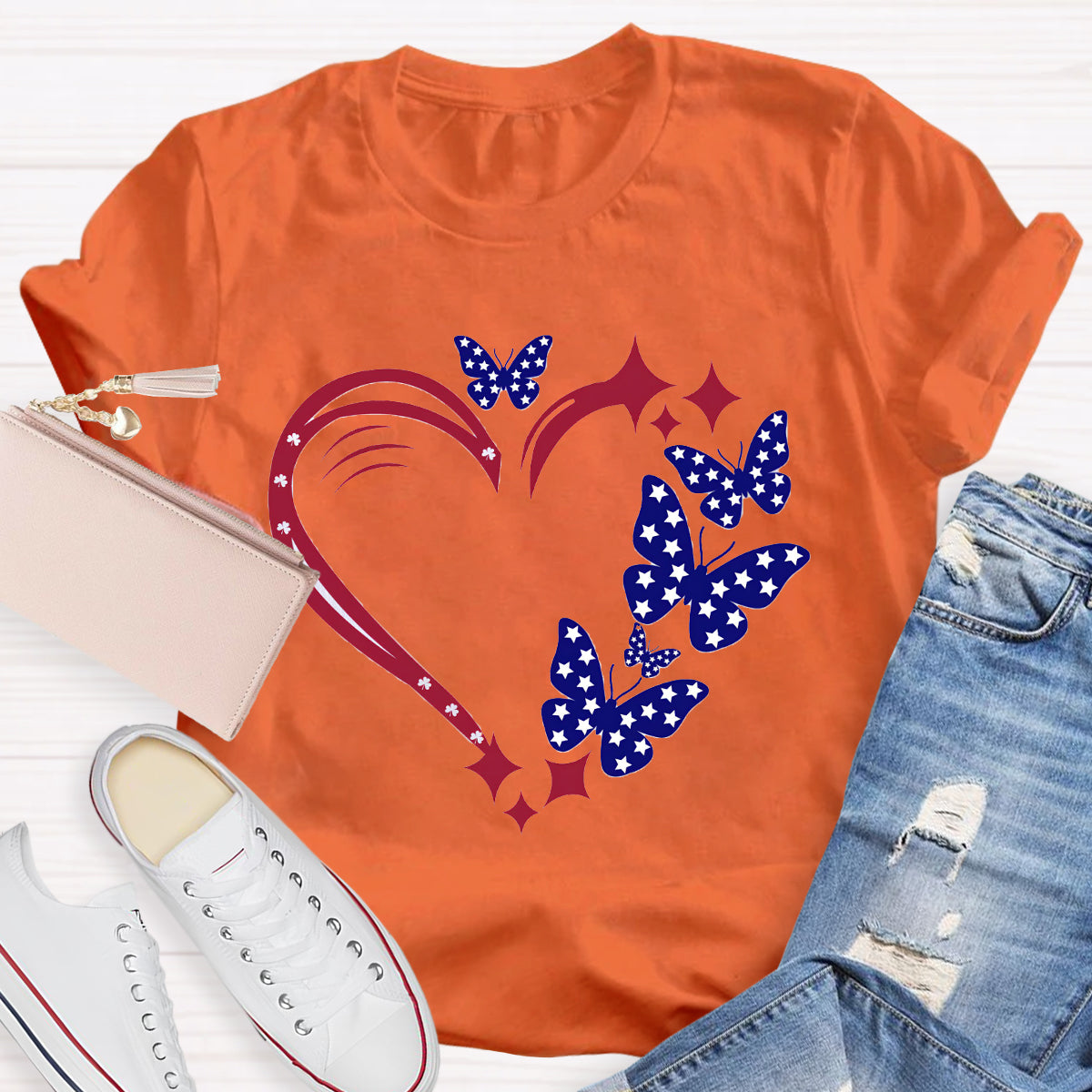 Stars And Strips Butterfly Teacher T-Shirt