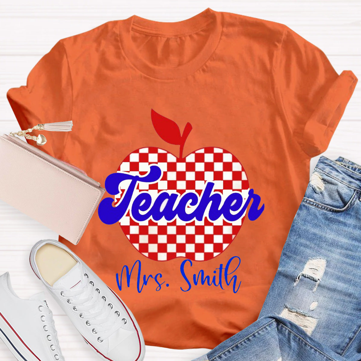 Personalized Name Red Apple Teacher T-Shirt