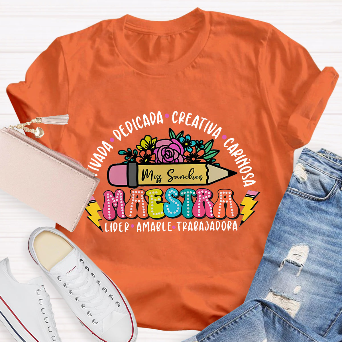 Personalize Name Maestra Pencil Teacher T-Shirt