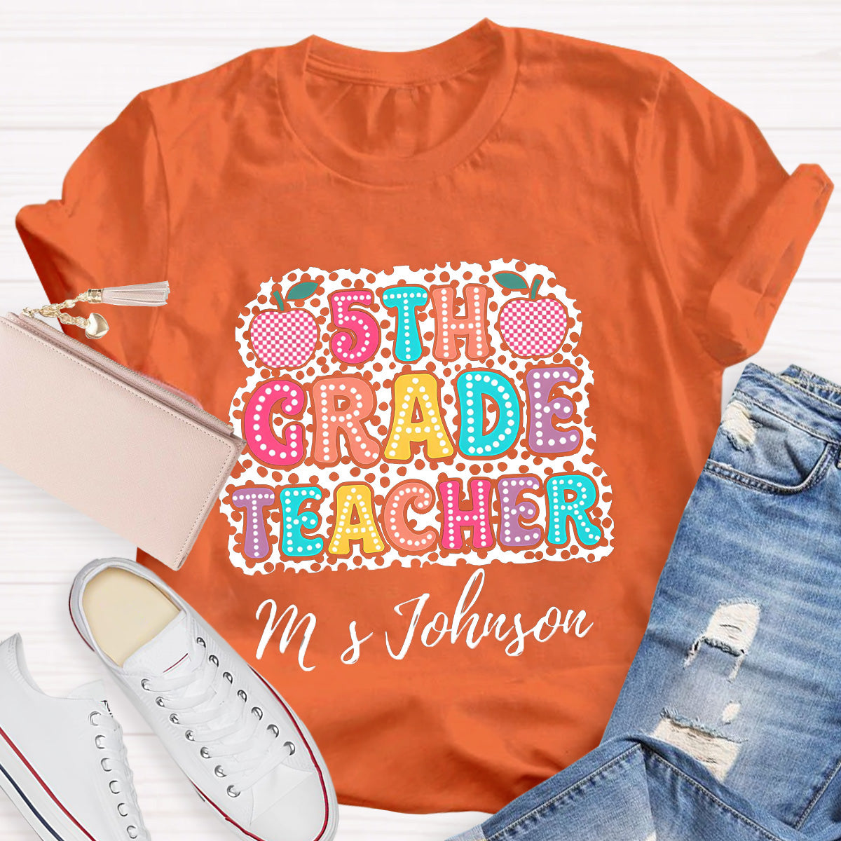 Personalized Name And Grade Checkerboard Apple Teacher T-Shirt
